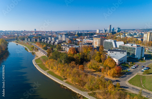 Vilnius Cityscape with Autumn Trees, River Neris in Background. Lithuania © Mindaugas Dulinskas