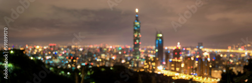 Blurry Taipei Night Cityscape. Taiwan. Background. Panorama Photo.