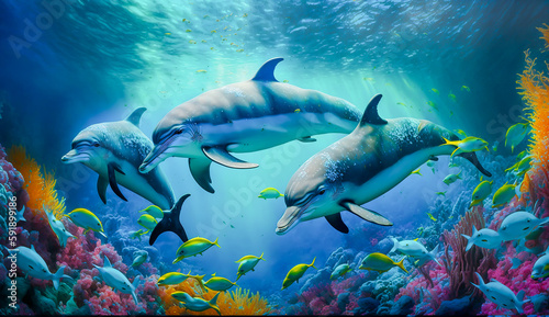 group of dolphins in colorful underwater  AI generative
