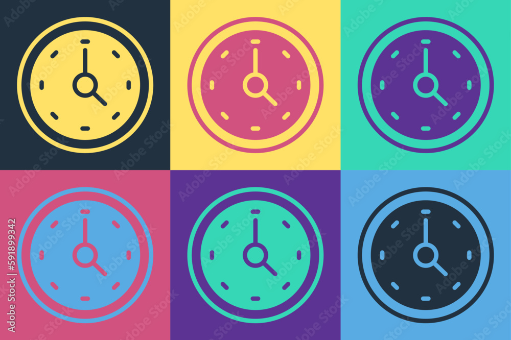 Fototapeta premium Pop art Clock icon isolated on color background. Time symbol. Vector