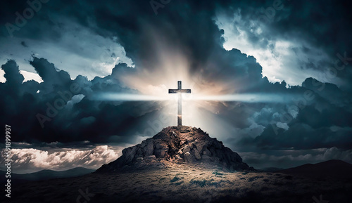 holy cross symbolizing the death and resurrection of Jesus Christ with The sky over Golgotha Hill is shrouded in light and clouds, AI generative © Onchira