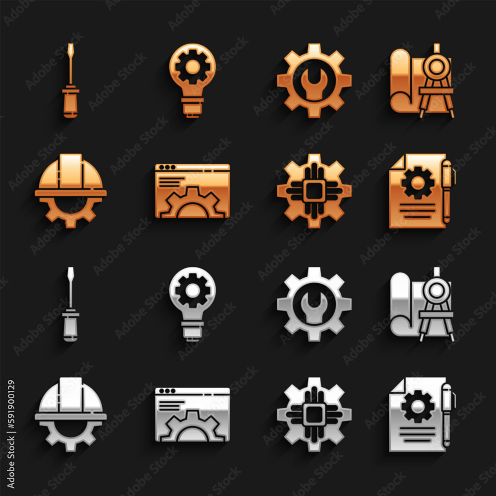 Set Browser setting, Graphing paper and compass, Document settings pen, Processor, Worker safety helmet gear, Wrench spanner, Screwdriver and Light bulb icon. Vector Set Browser setting, Graphing paper and compass, Document settings pen, Processor, Worker safety helmet gear, Wrench spanner, Screwdriver and Light bulb icon. Vector