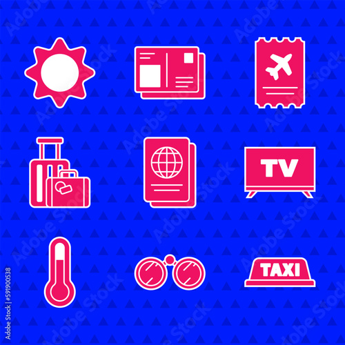 Set Passport, Binoculars, Taxi car roof, Smart Tv, Meteorology thermometer, Suitcase, Airline ticket and Sun icon. Vector