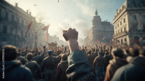 Revolutionary Voices: Protesting Crowd with Raised Fists on City Street. Generative ai © _veiksme_