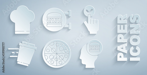 Set Pizza, Online ordering and delivery, Coffee cup to go, burger and Chef hat icon. Vector