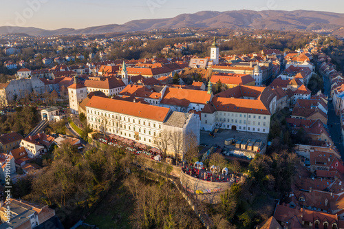Upper Town in Zagreb, Croatia. Old Town Cityscape and Mountains in Background