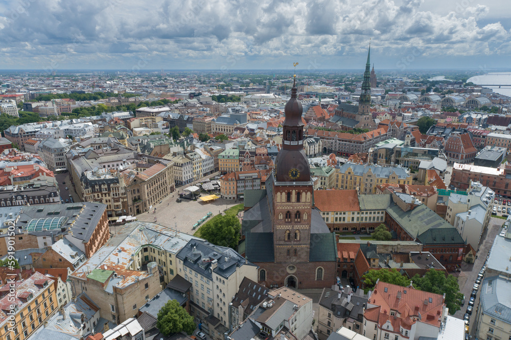 Riga City Old Town And Beautiful Architecture. Aerial View. Cityscape. Latvia. Drone Point of View