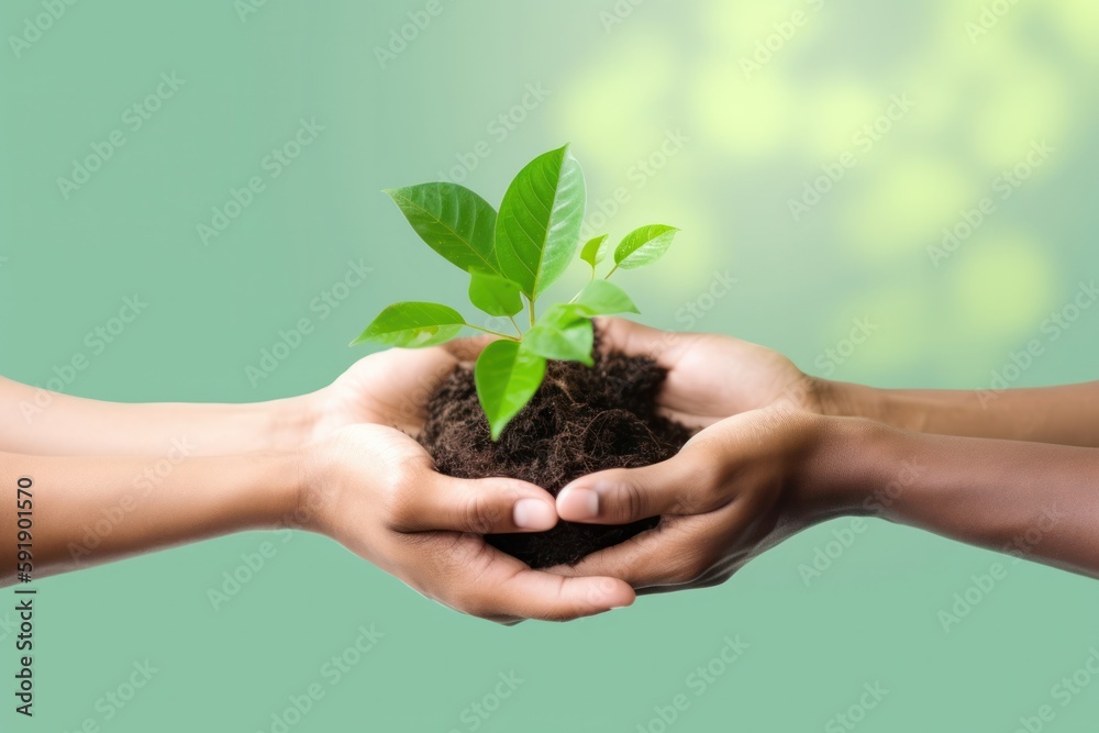 Two hands holding together young of a tree. Generative AI. Two hands holding together young of a tree. Generative AI.