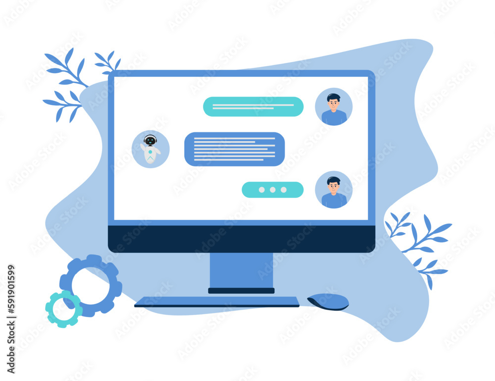 Illustration with artificial intelligence chatbot, computer robot icons and chatting communication. A human and chatbot chat is shown on the computer screen. Illustration with artificial intelligence chatbot, computer robot icons and chatting communication. A human and chatbot chat is shown on the computer screen.