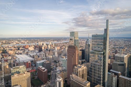 Top View of Downtown Skyline Philadelphia USA and City Hall. Philadelphia City Center, Pennsylvania. Business Financial District and Skyscrapers in Background.