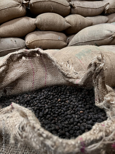 textile bag filled with roasted coffee beans waiting to be sold, Sidama, Ethipoia photo