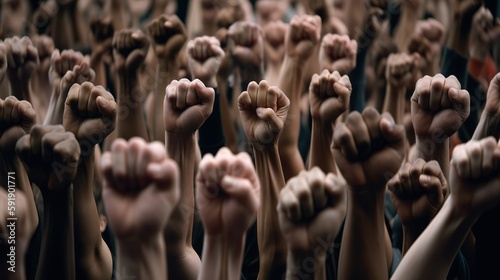 Revolutionary Voices: Protesting Crowd with Raised Fists on City Street. Generative ai