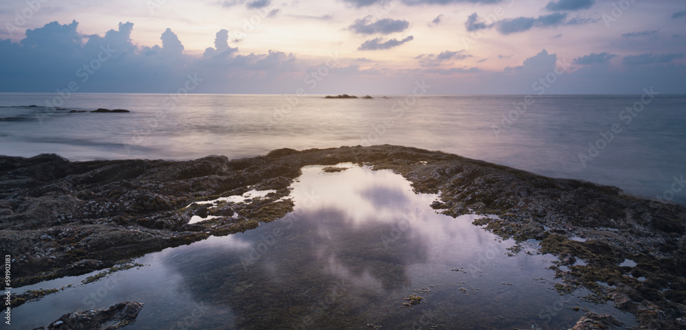 reflection of water, sunset on the seashore and rocks, kaolak phuket thailand, Nang tong beach
