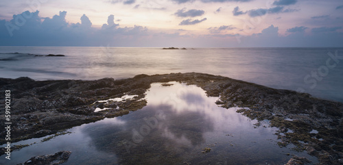 reflection of water, sunset on the seashore and rocks, kaolak phuket thailand, Nang tong beach