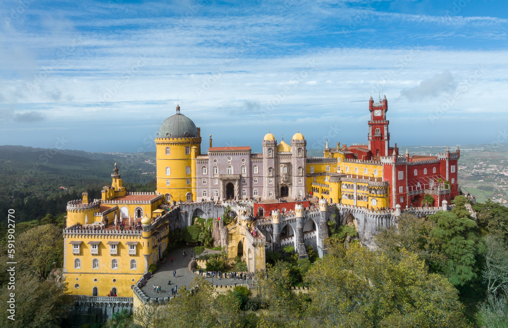 Palace of Pena in Sintra. Lisbon, Portugal. Part of cultural site of Sintra City. Drone Point of View
