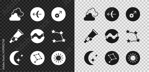 Set Cloudy weather, Sagittarius zodiac, Mars symbol, Moon and stars, Great Bear constellation, Sun, Telescope and Planet icon. Vector