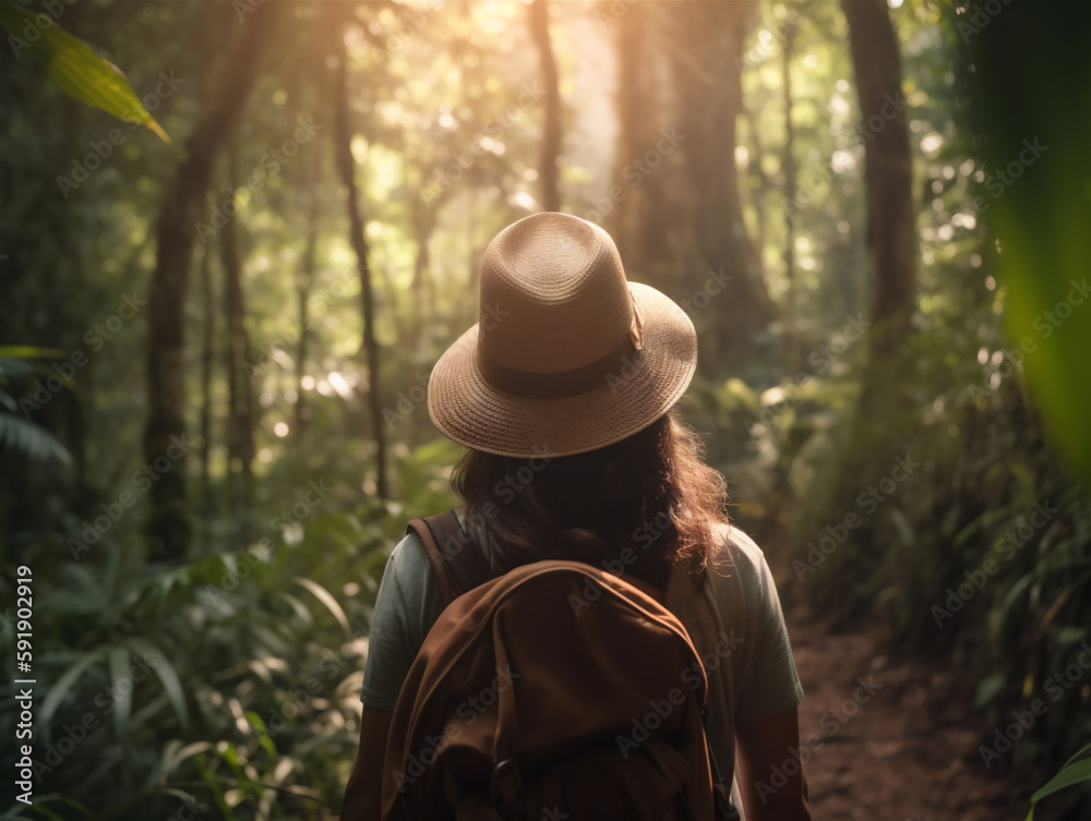 Woman travelling photo from behind wearing a backpack and beige hat in the jungle, Instagram style, in mountain area, hiking, holiday, green forrest generative AI