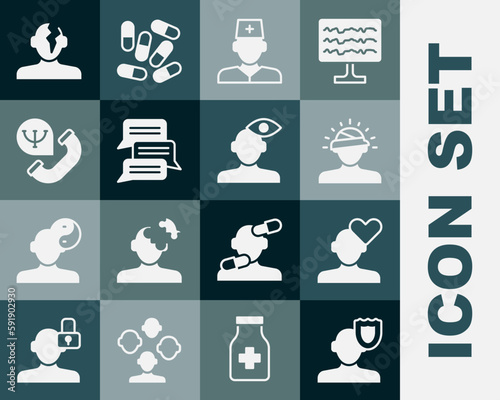 Set Psychology, Broken heart or divorce, Concussion, headache, Male doctor, Online psychological counseling, Solution problem psychology and icon. Vector