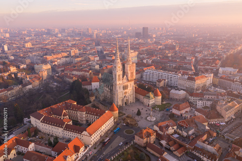 Zagreb Old Town And Cathedral in Background. Sightseeing Place in Croatia. Beautiful Sunset Light.