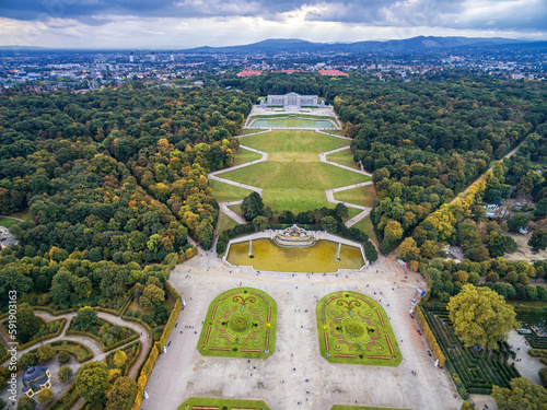 Schonbrunn Palace and Garden in Vienna with Park and Flower Decoration. Sightseeing Object in Vienna, Austria. photo