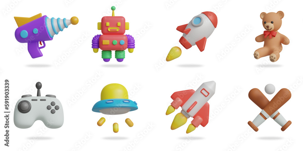 kids toys 3D vector icon set.
space gun,robot toy,rocket,teddy bear,joystick,ufo toy,spaceship,baseball bat kids toys 3D vector icon set.
space gun,robot toy,rocket,teddy bear,joystick,ufo toy,spaceship,baseball bat