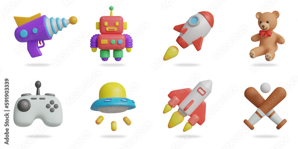 kids toys 3D vector icon set.
space gun,robot toy,rocket,teddy bear,joystick,ufo toy,spaceship,baseball bat