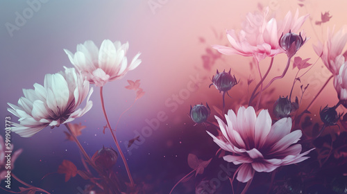 Abstract floral backdrop of purple flowers over pastel colors with soft style for spring or summer time. Banner background with copy space. generative ai