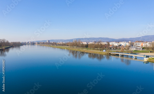 Beautiful Jarun Lake in Zagreb, Croatia with Zagreb Cityscape in Background.