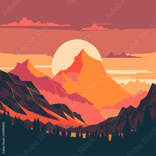 landscape with sunset  sunset in mountains  a flat illustration of a sunset over mountain range  landscape illustration  sunset mountain vector cartoon  sunset mountain illustration