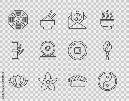 Set line Lotus flower, Yin Yang, and envelope, Gong, Sushi and icon. Vector