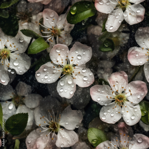 Seamless pattern of apple tree blossom, dorned with glistening droplets of water. AI generative photo