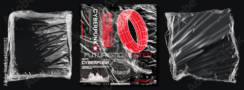 Empty plastic bag. Empty transparent plastic packaging on an insulated background. Album cover, vinyl, texture overlay effect of an old cover with defects and scuffs. Retro futuristic design.