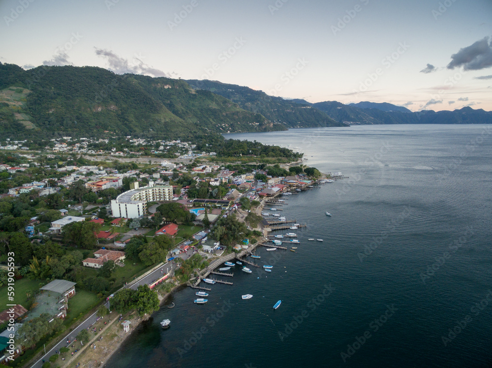 Panajachel Town and Atitlan lake with Mountains. Sightseeing Place in Guatemala