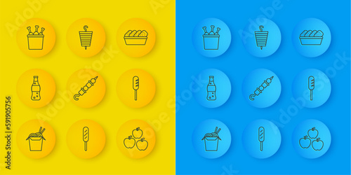 Set line Asian noodles and chopsticks, Bottle of water, Grilled shish kebab, Apple, Fried sausage, Chicken leg in package box, nuggets and icon. Vector