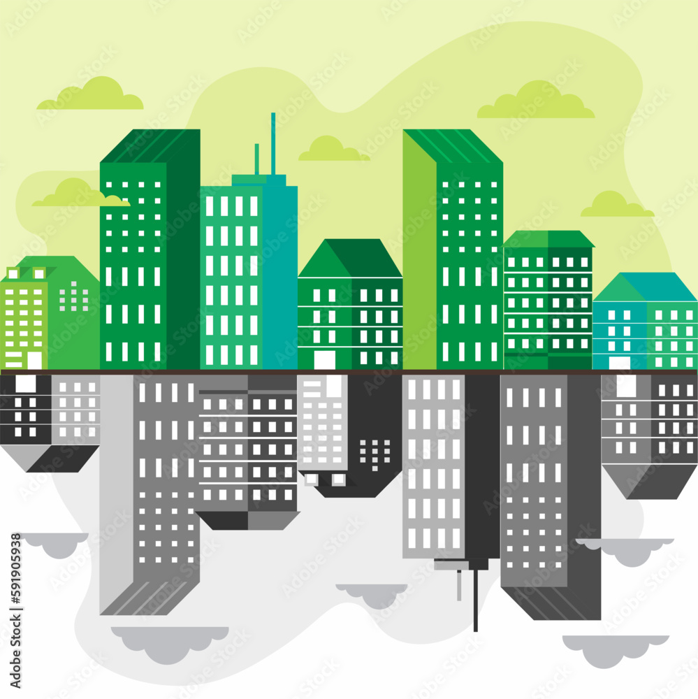 Stacked city building cityscape skyline Illustration. Clean and dirty town concept with line of green nice houses and their black reflection. Waste pollution, environmental problem of large metropolis