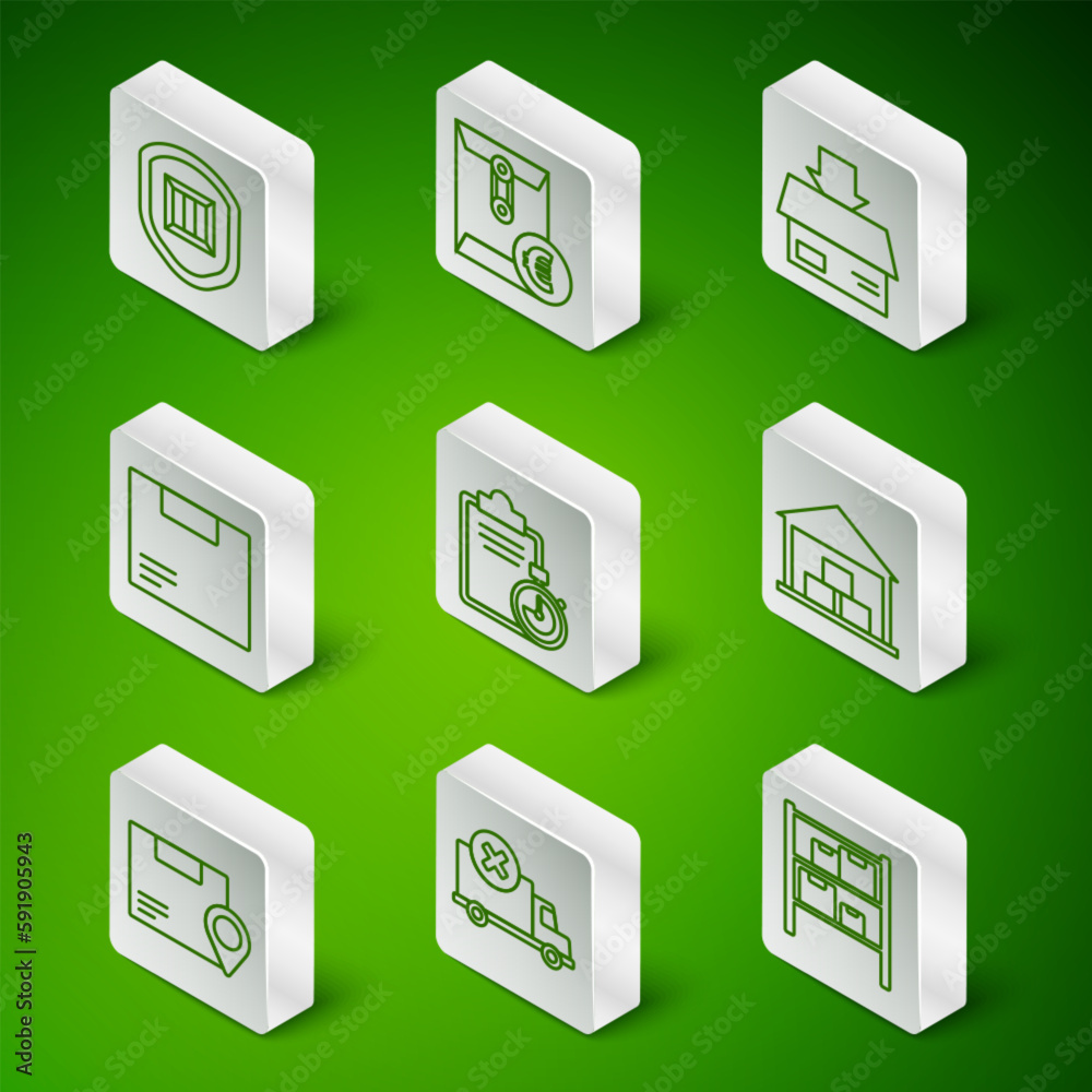 Set line Warehouse, Delivery cargo truck vehicle, security with shield, Verification of delivery list clipboard, Carton cardboard box, Envelope euro symbol, Location and icon. Vector Set line Warehouse, Delivery cargo truck vehicle, security with shield, Verification of delivery list clipboard, Carton cardboard box, Envelope euro symbol, Location and icon. Vector