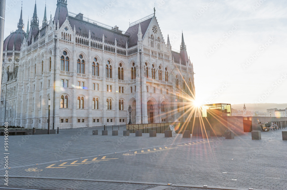 Parliament building in Budapest, Hungary. Sunlight and Sunset Time