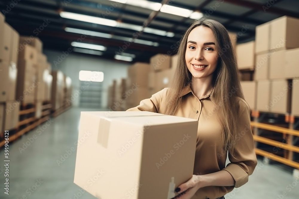 Fototapeta premium Young woman warehouse worker holding the package box in a warehouse storage. Generative AI