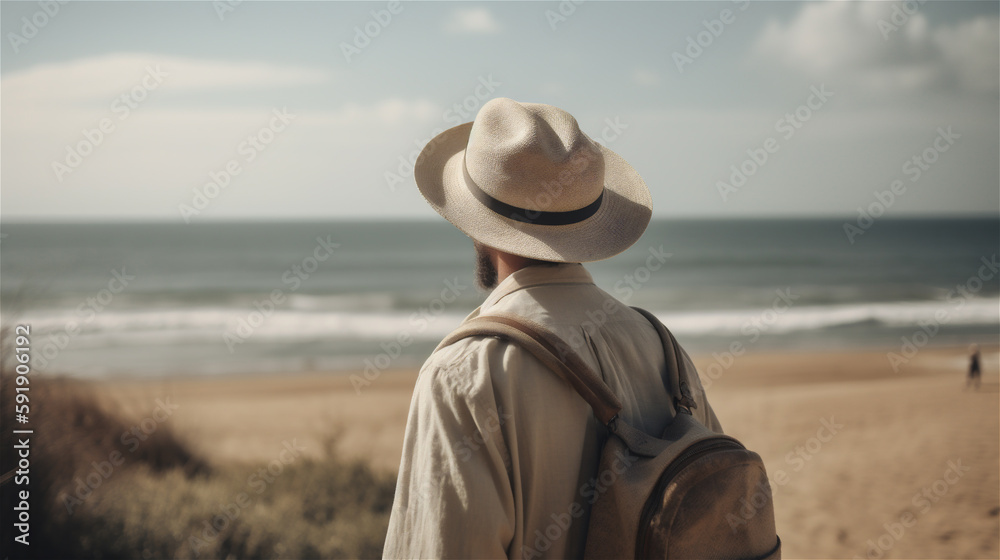 Man travelling photo from behind on a beach wearing a beige hat, Instagram style, looking at the sea, ocean, holiday, generative AI