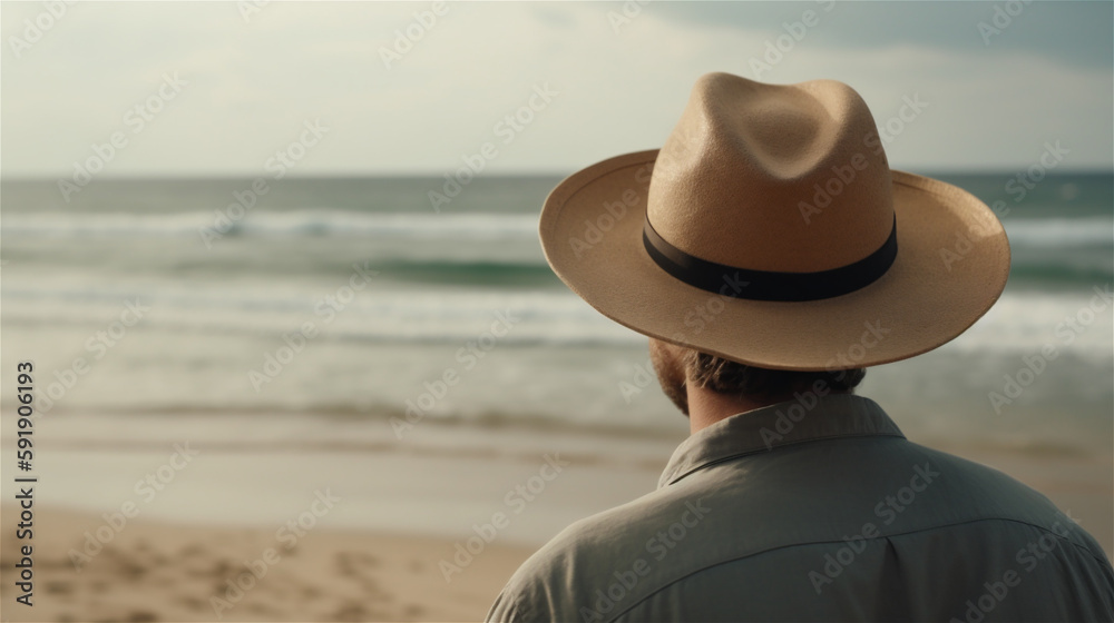 Man travelling photo from behind on a beach wearing a beige hat, Instagram style, looking at the sea, ocean, holiday, generative AI