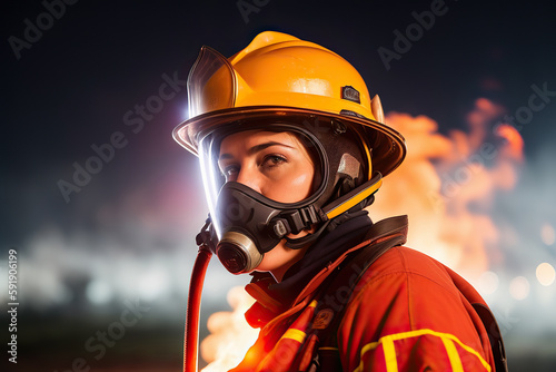 Generative AI image of young female in protective helmet and oxygen connector looking at camera while standing against blurred orange fire and smoky background photo