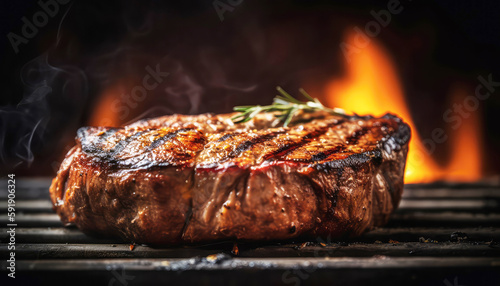 Close up of Grilled steak on the grill with flame in dark black background. Food recipe and ingredient concept. Generative AI