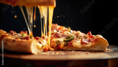 Slice of hot large cheesy pizza crust topping with sausage meat sauce ham bell pepper vegetables and ham on wooden board with smoke melting cheese. Delicious tasty Italian food concept. Generative AI