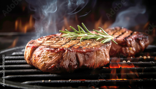 Close up of Grilled steak on the grill with flame in dark black background. Food recipe and ingredient concept. Generative AI