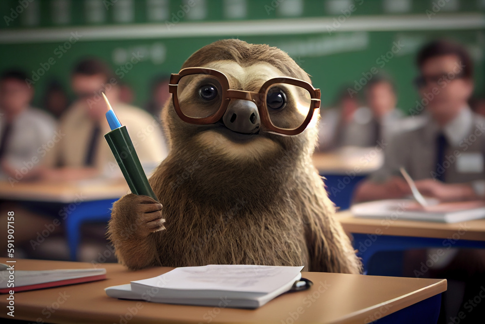 Sloth is a teacher with glasses. In the background is the classroom and students.