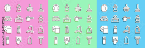 Set line Shaving razor, Bottle for cleaning agent, Mouthwash bottle, Shower head, Wet wipe pack, Brush, of shampoo and Washing powder icon. Vector