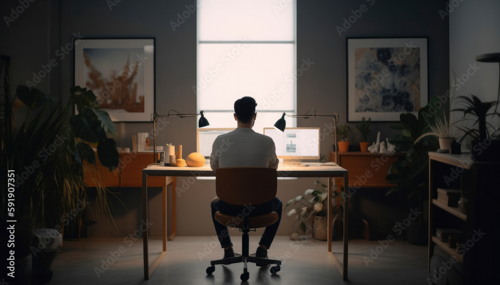 Fototapeta premium Black man sitting back to work with laptop on table in nice room decorated with plants, workplace for freelancers, new working lifestyle, work at home concept