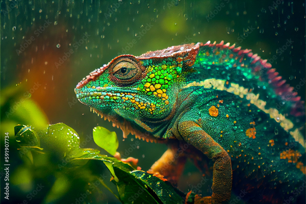 Lizard, macro, close-up view of a chameleon or gecko in green. Splashes and drops of rain, wet weather. Lizard, macro, close-up view of a chameleon or gecko in green. Splashes and drops of rain, wet weather.