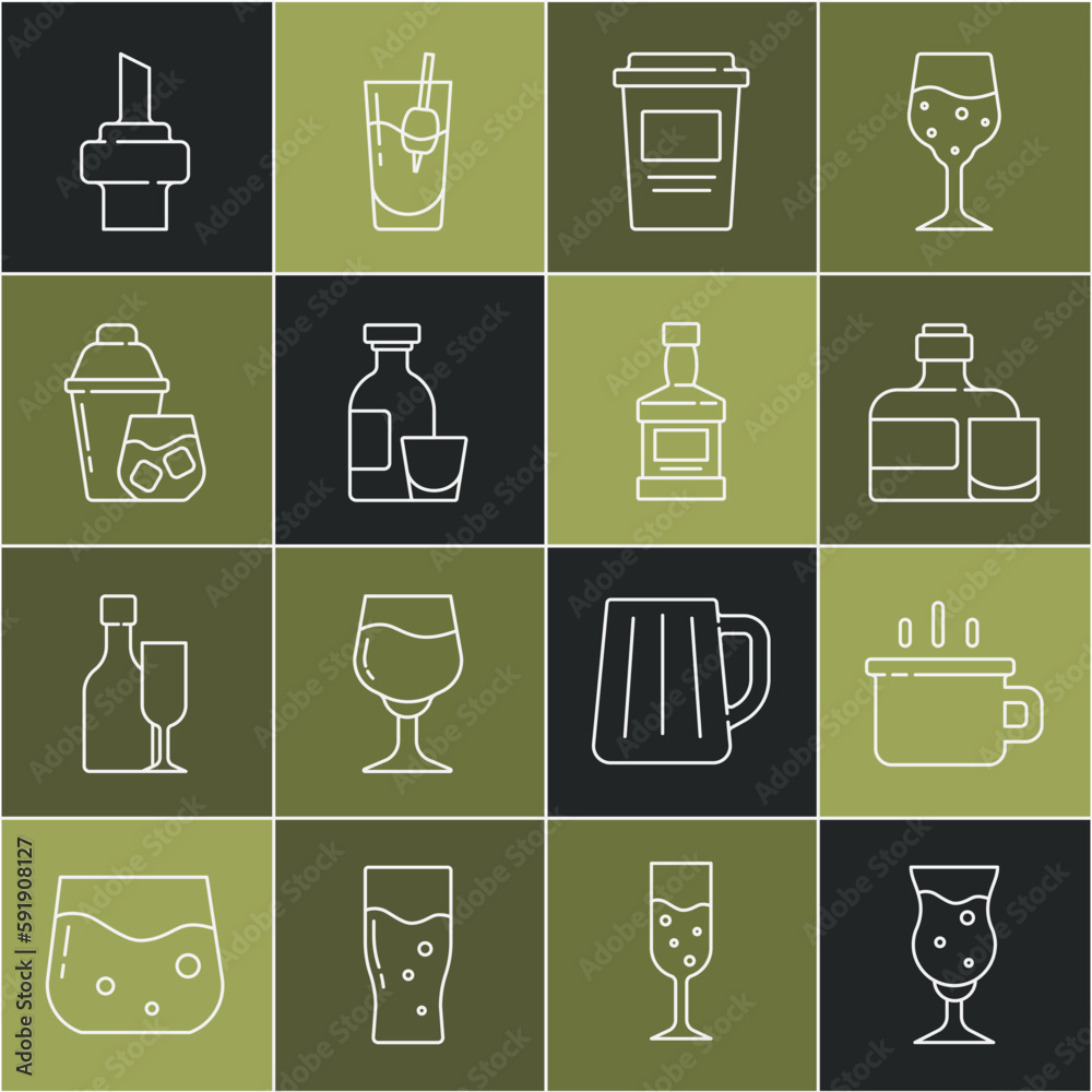 Set line Glass of beer, Coffee cup, Whiskey bottle and glass, to go, Alcohol drink Rum, Cocktail shaker, Wooden cork for wine and icon. Vector Set line Glass of beer, Coffee cup, Whiskey bottle and glass, to go, Alcohol drink Rum, Cocktail shaker, Wooden cork for wine and icon. Vector