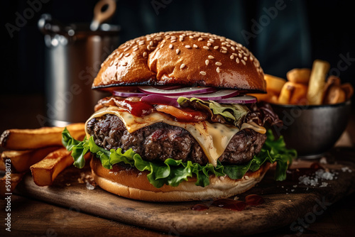 Generative AI image of yummy burger with grilled meat topped with vegetables tomatoes ketchup sliced onions cheese fresh lettuce and soft buns placed on board with fries